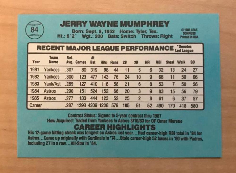 JERRY MUMPHREY HOUSTON ASTROS SIGNED AUTOGRAPHED 1986 DONRUSS CARD #84 W/COA 