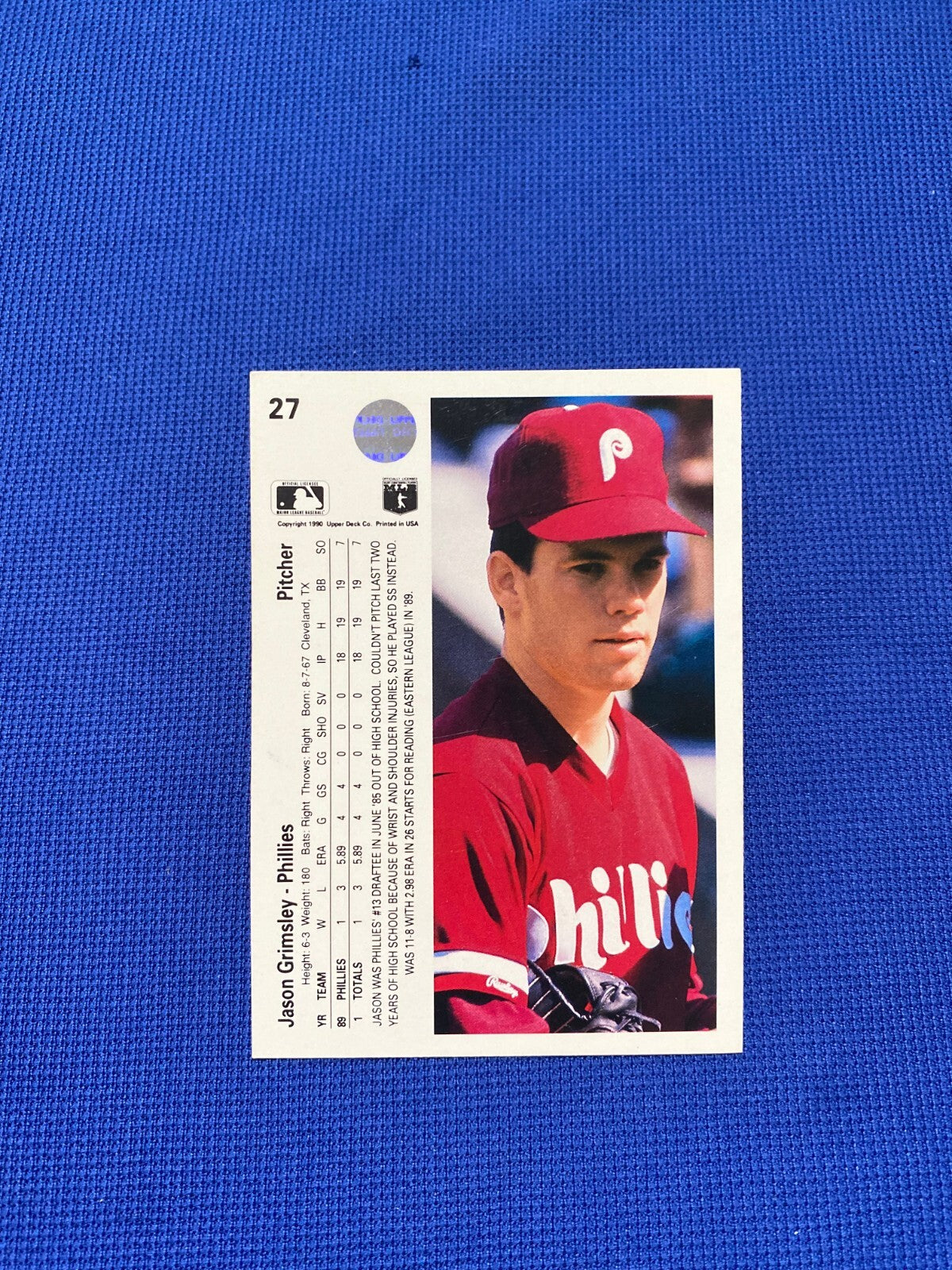 1990 UPPER DECK JASON GRIMSLEY PHILLIES SIGNED AUTOGRAPHED AUTO #27 CARD W/COA