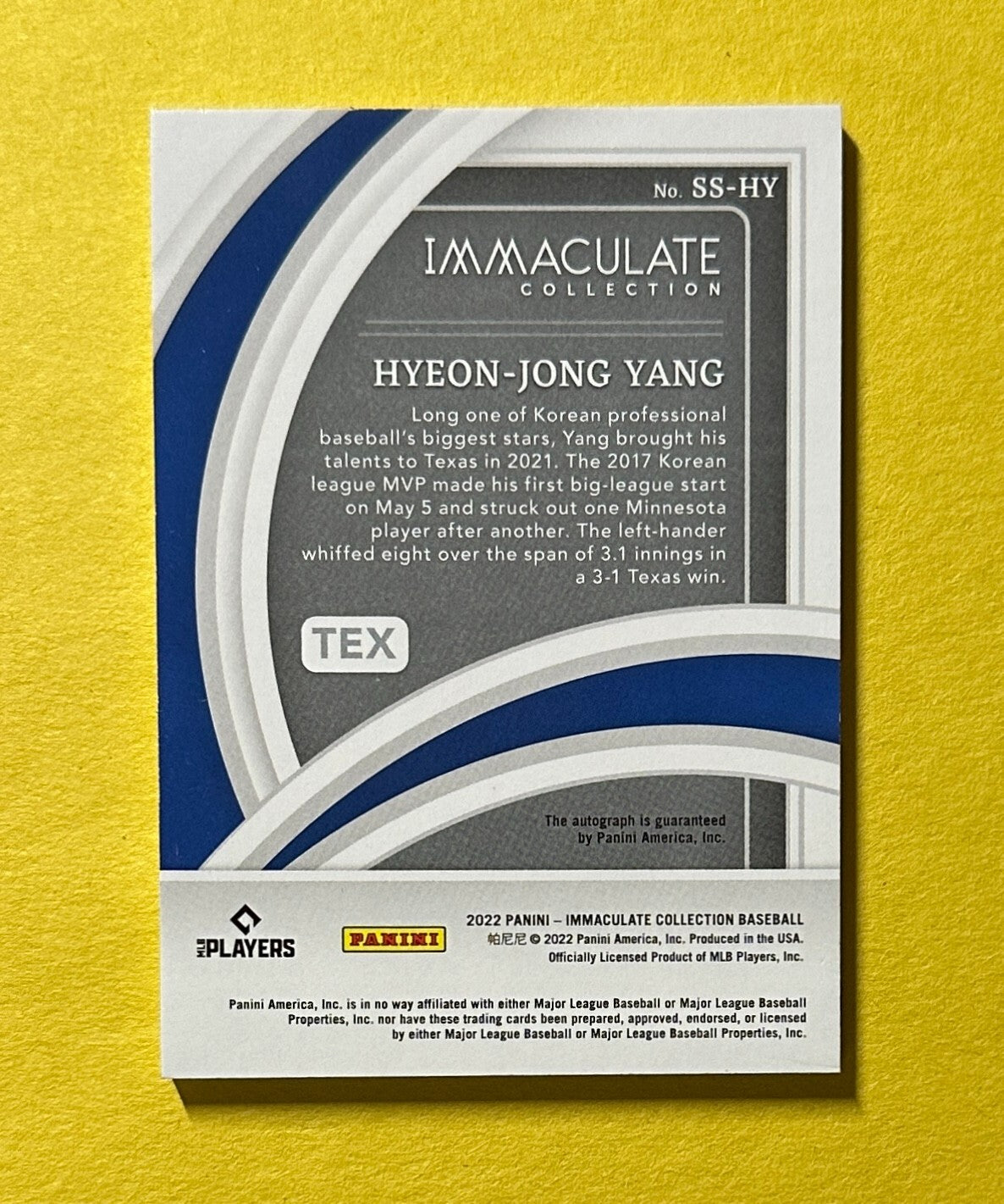 2022 PANINI IMMACULATE HYEON-JONG YANG AUTO /99 #SS-HY RANGERS
