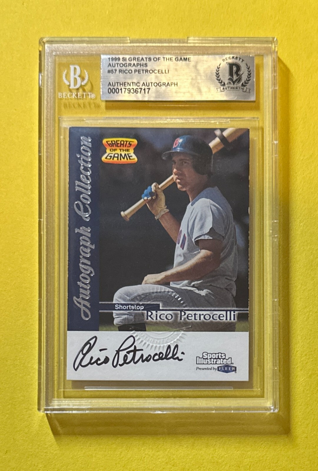 1999 SI GREATS OF THE GAME RICO PETROCELLI #57 BECKETT AUTH SIGNED AUTO CARD