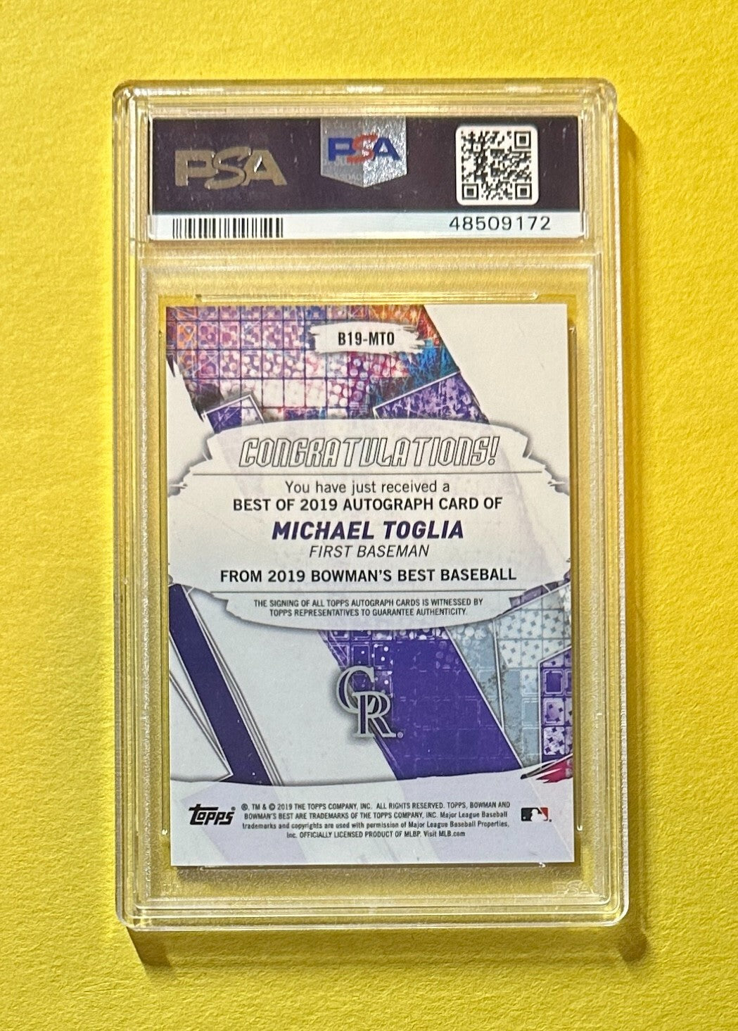 2019 BOWMAN'S BEST MICHAEL TOGLIA BEST OF 19 AUTO #MTO PSA GEM MT 10 ROCKIES