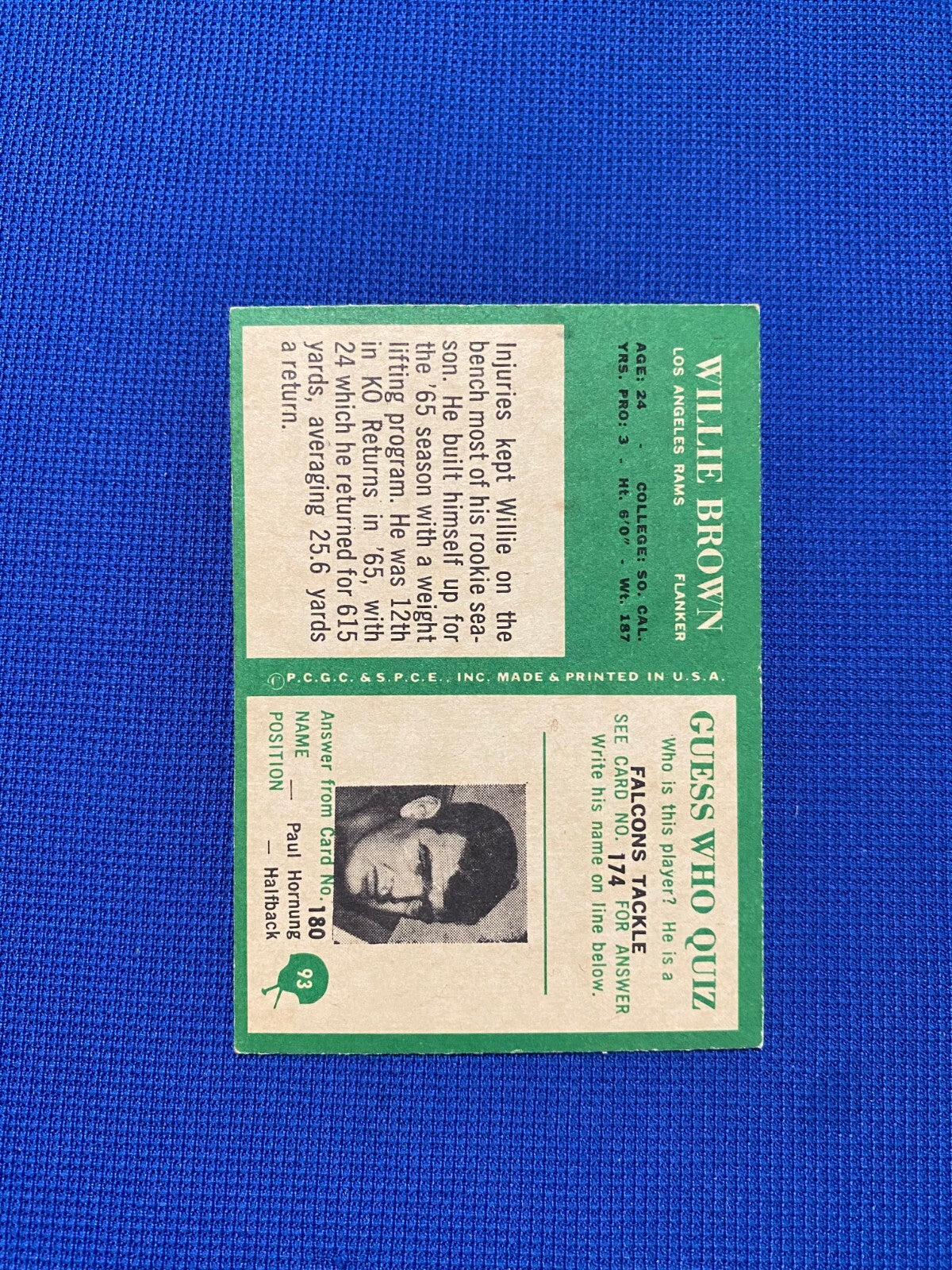1966 PHILADELPHIA FOOTBALL WILLIE BROWN LOS ANGELES RAMS #93 CARD VINTAGE