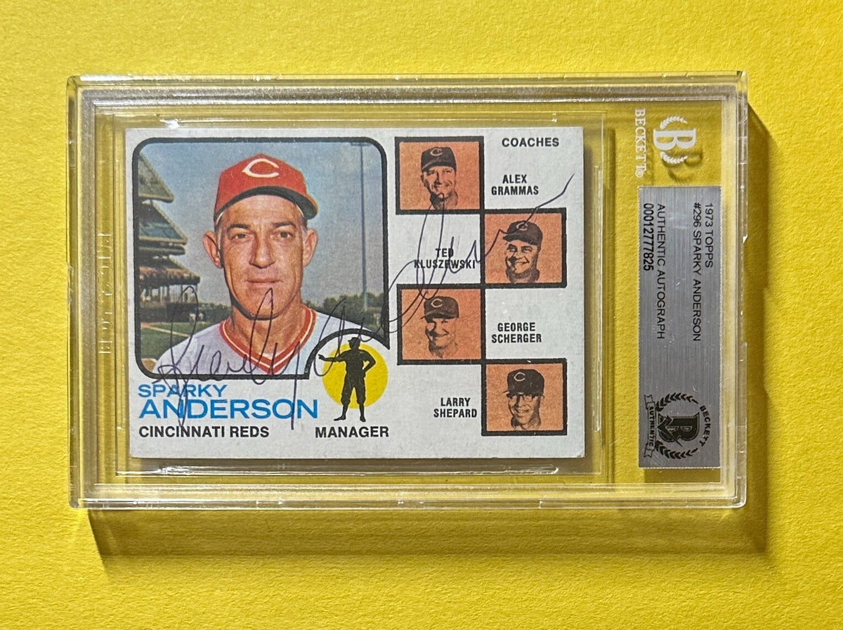 1973 TOPPS SPARKY ANDERSON #296 AUTHENTIC AUTO BECKETT CERTIFIED REDS