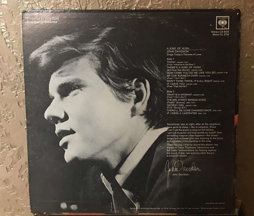 JOHN  DAVIDSON  A KIND OF HUSH  SIGNED 1997  VINYL RECORD ALBUM W/COA