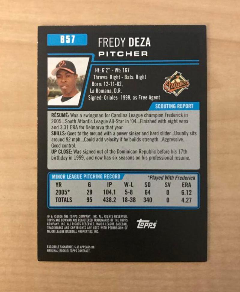 FREDY DEZA BALTIMORE ORIOLES SIGNED AUTOGRAPHED 2006 BOWMAN CARD #B57 W/COA