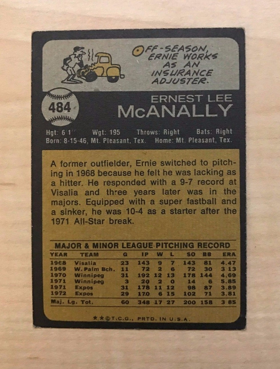 ERNIE MCANALLY MONTREAL EXPOS SIGNED AUTOGRAPHED 1973 TOPPS CARD #484 W/COA