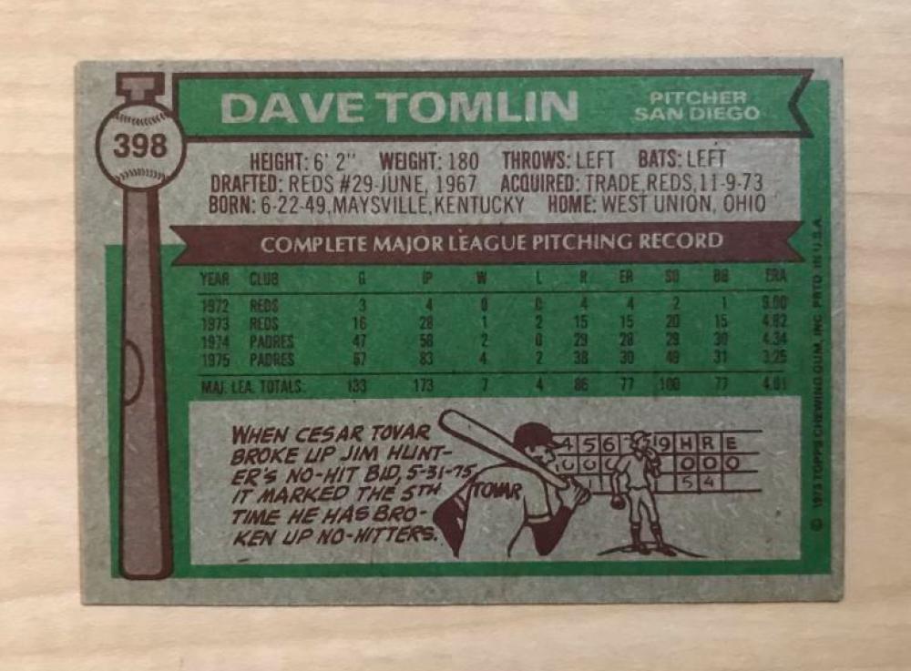 DAVE TOMLIN SAN DIEGO PADRES SIGNED AUTOGRAPHED 1976 TOPPS CARD #398 W/COA