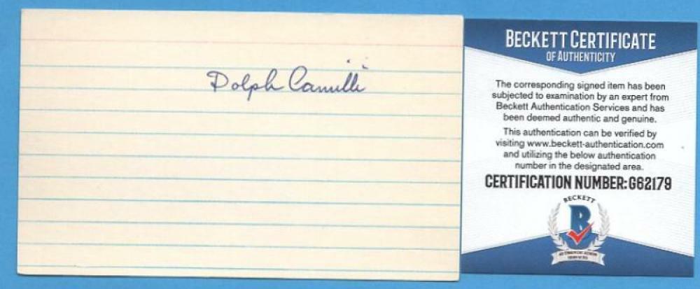 DOLPH CAMILLI  BROOKLYN DODGERS SIGNED 3X5 INDEX CARD BECKETT G62179