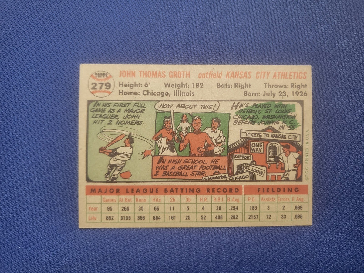 1956 TOPPS JOHNNY GROTH KANSAS CITY A'S #279 CARD VINTAGE SET-BREAK