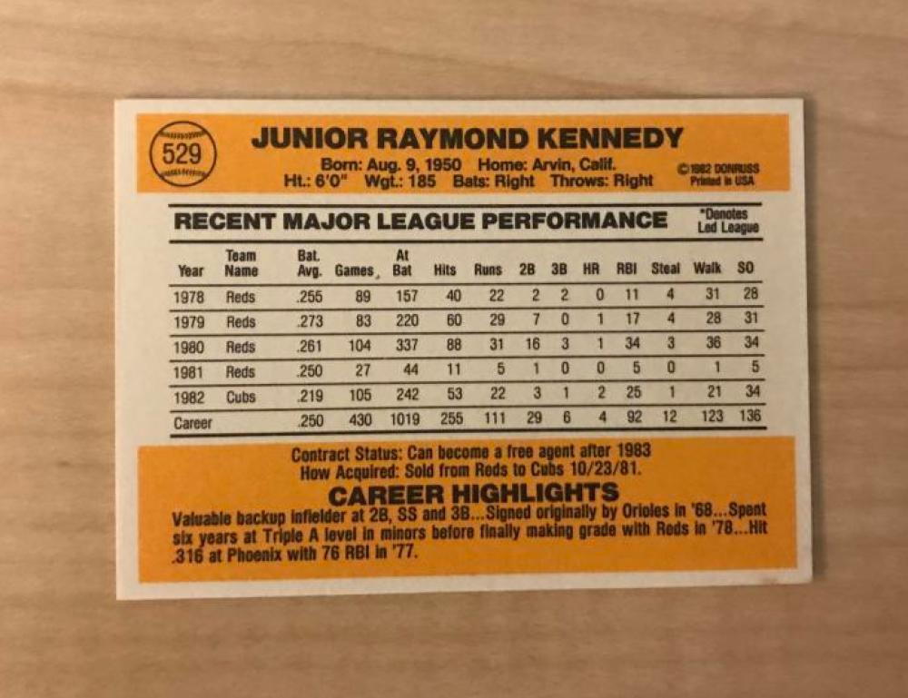 JUNIOR KENNEDY CHICAGO CUBS SIGNED AUTOGRAPHED 1983 DONRUSS CARD #529 W/COA 