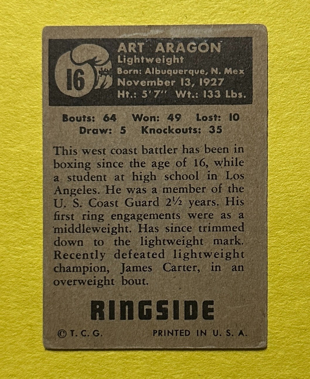 1951 TOPPS RINGSIDE ART ARAGON #16 BOXING
