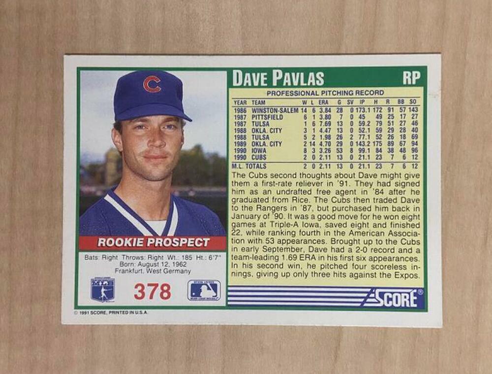 DAVE PAVLAS CHICAGO CUBS SIGNED AUTOGRAPHED 1991 SCORE CARD #378 W/COA