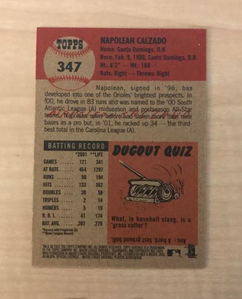 NAPOLEAN CALZADO BALTIMORE ORIOLES SIGNED 2002 TOPPS HERITAGE CARD #347 W/COA 
