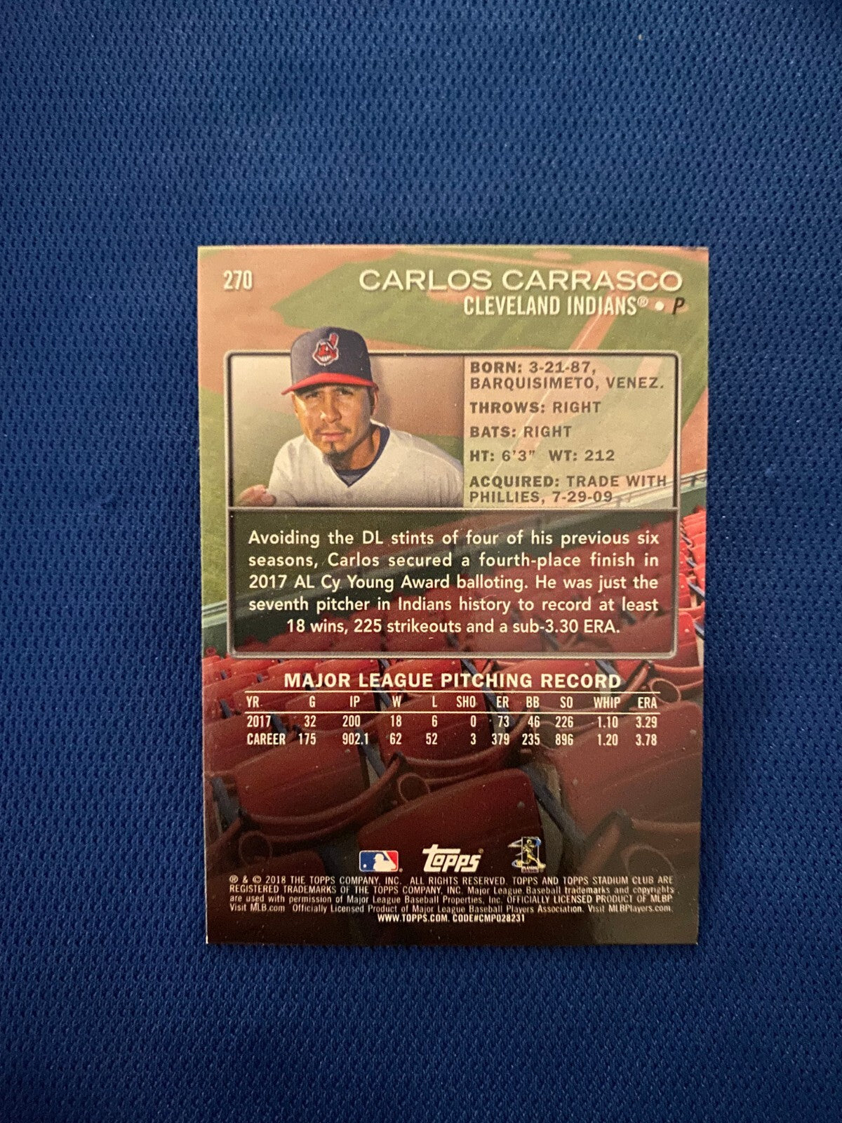 2018 TOPPS STADIUM CLUB CARLOS CARRASCO INDIANS AUTOGRAPH SIGNED CARD #270 W/COA
