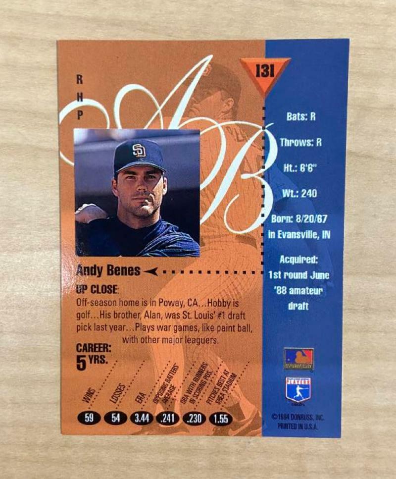 ANDY BENES SAN DIEGO PADRES SIGNED 1994 DONRUSS STUDIO CARD #131 W/COA 