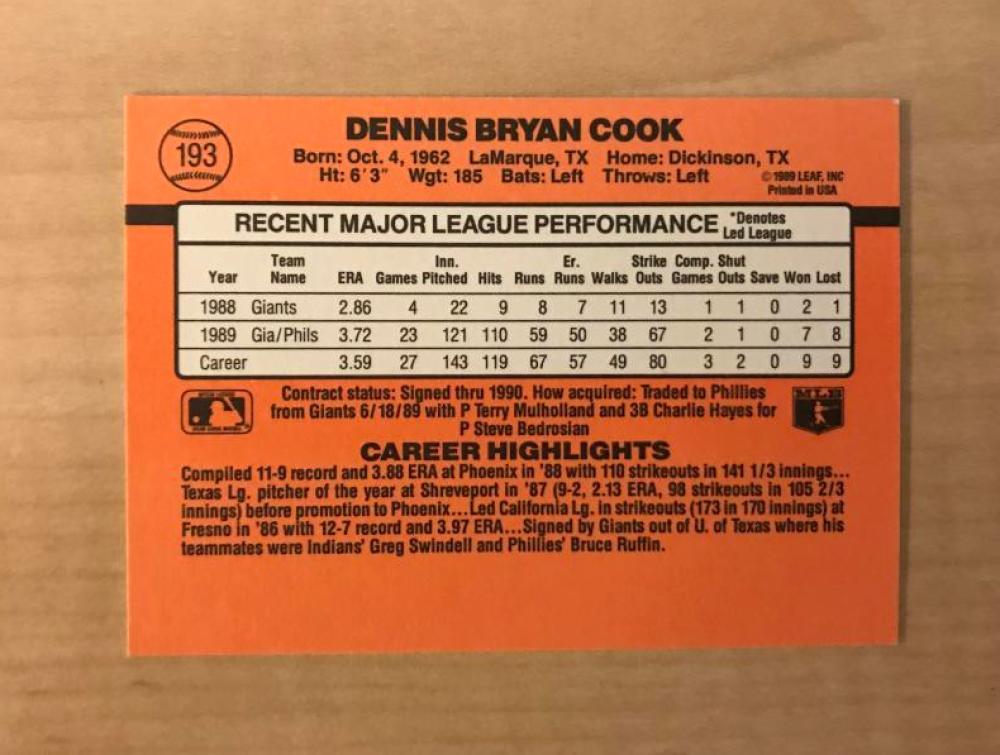 DENNIS COOK PHILADELPHIA PHILLIES SIGNED AUTOGRPAHED 1990 DONRUSS CARD#193 W/COA