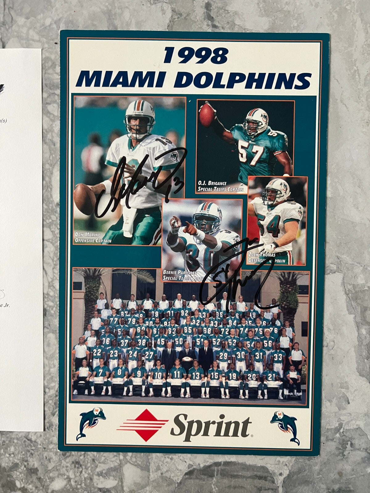 DAN MARINO & ZACH THOMAS MIAMI DOLPHINS DUAL SIGNED AUTO 1998 TEAM PHOTO PSA LOA