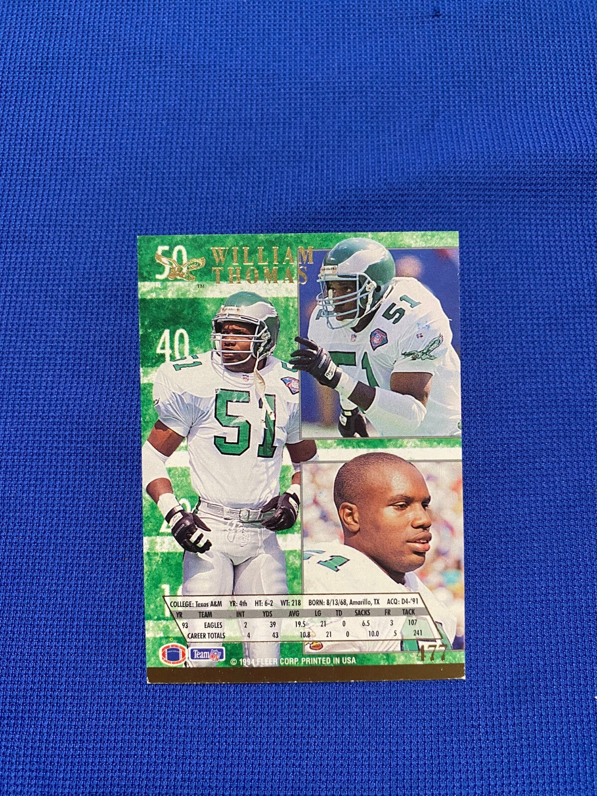 1994 FLEER ULTRA WILLIAM THOMAS EAGLES SIGNED AUTOGRAPHED CARD #477 W/COA