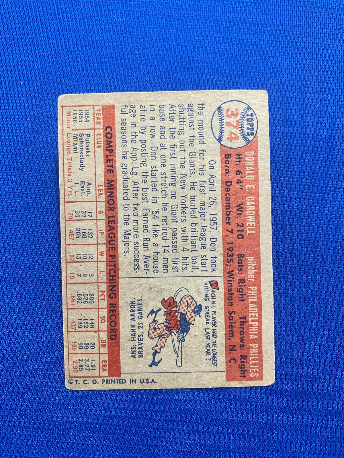 1957 TOPPS DON CARDWELL PHILADELPHIA PHILLIES #374 CARD VINTAGE SET-BREAK