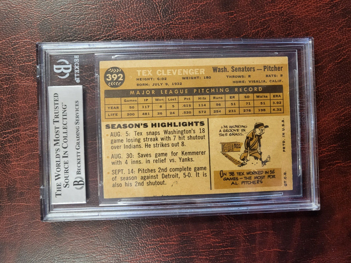 1959 TOPPS TEX CLEVENGER SENATORS SIGNED AUTOGRAPH #392 CARD BECKETT AUTHENTIC