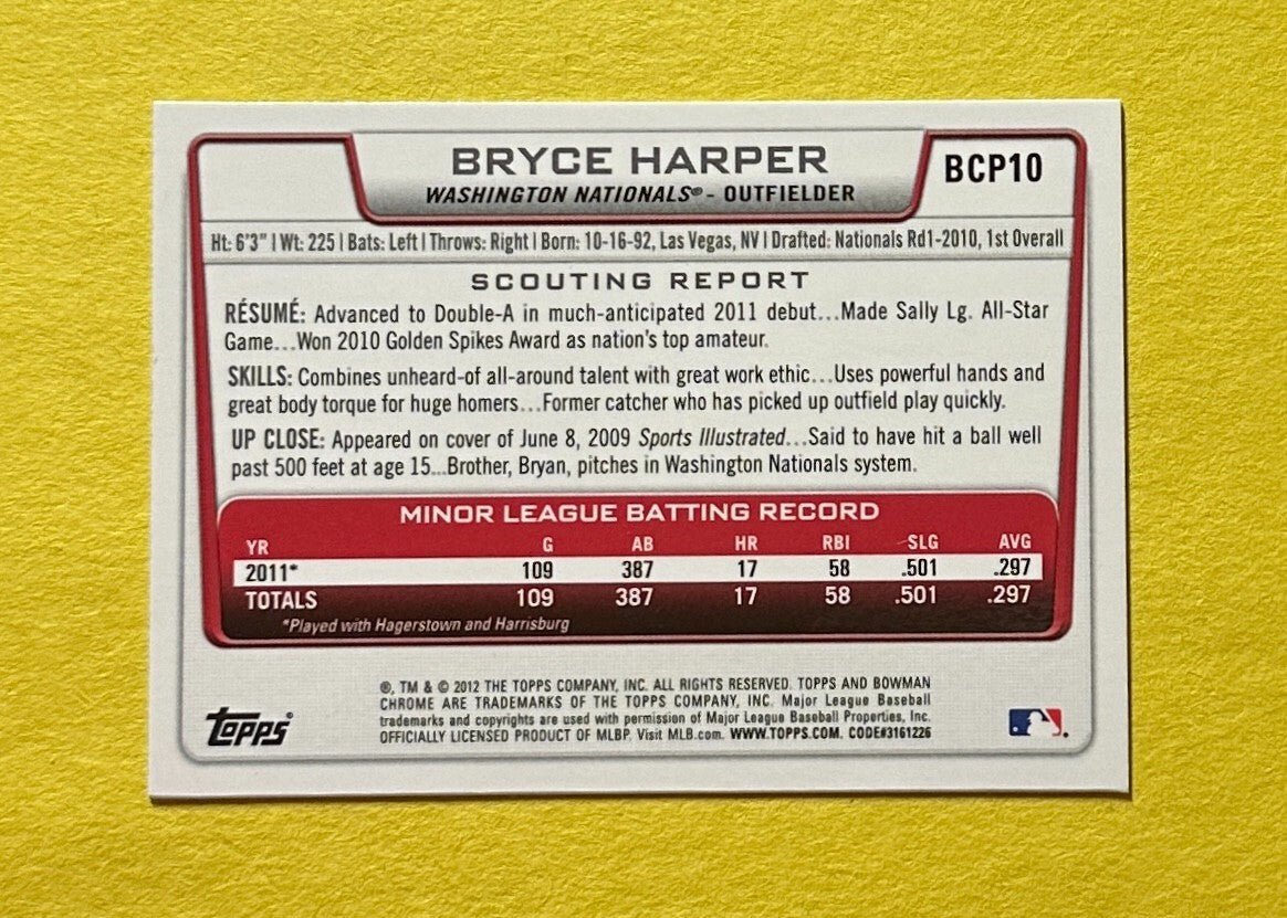 2012 BOWMAN CHROME BRYCE HARPER #BCP10 NATIONALS