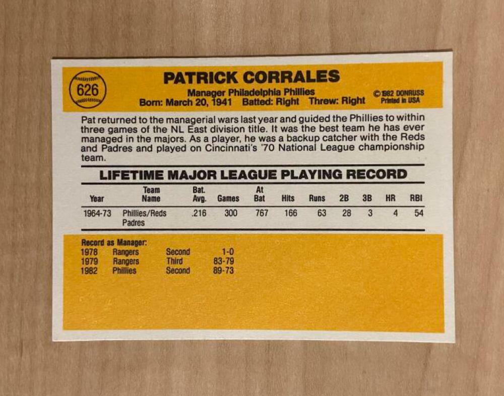 PAT CORRALES PHILADELPHIA PHILLIES SIGNED 1983 DONRUSS CARD #626 W/COA