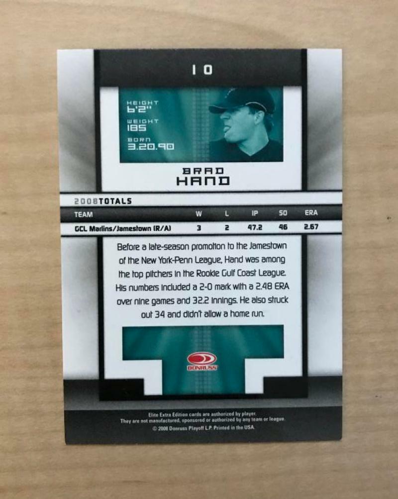BRAD HAND FLORIDA MARLINS SIGNED AUTOGRAPHED 2008 DONRUSS ELITE CARD #10 W/COA 