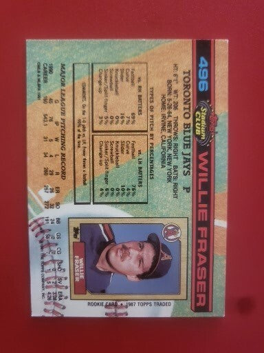 1991 STADIUM CLUB WILLIE FRASER TORONTO BLUE  JAYS AUTOGRAPHED CARD #496 W/COA