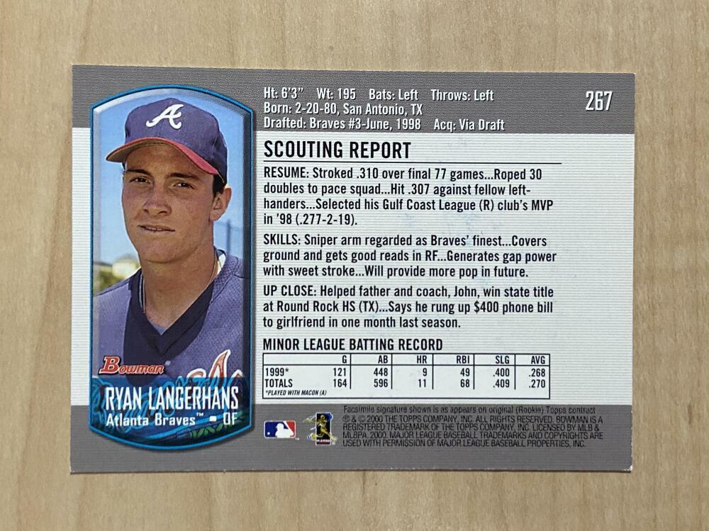 RYAN LANGERHANS ATLANTA BRAVES SIGNED AUTOGRAPHED 2000 BOWMAN CARD #267 W/COA