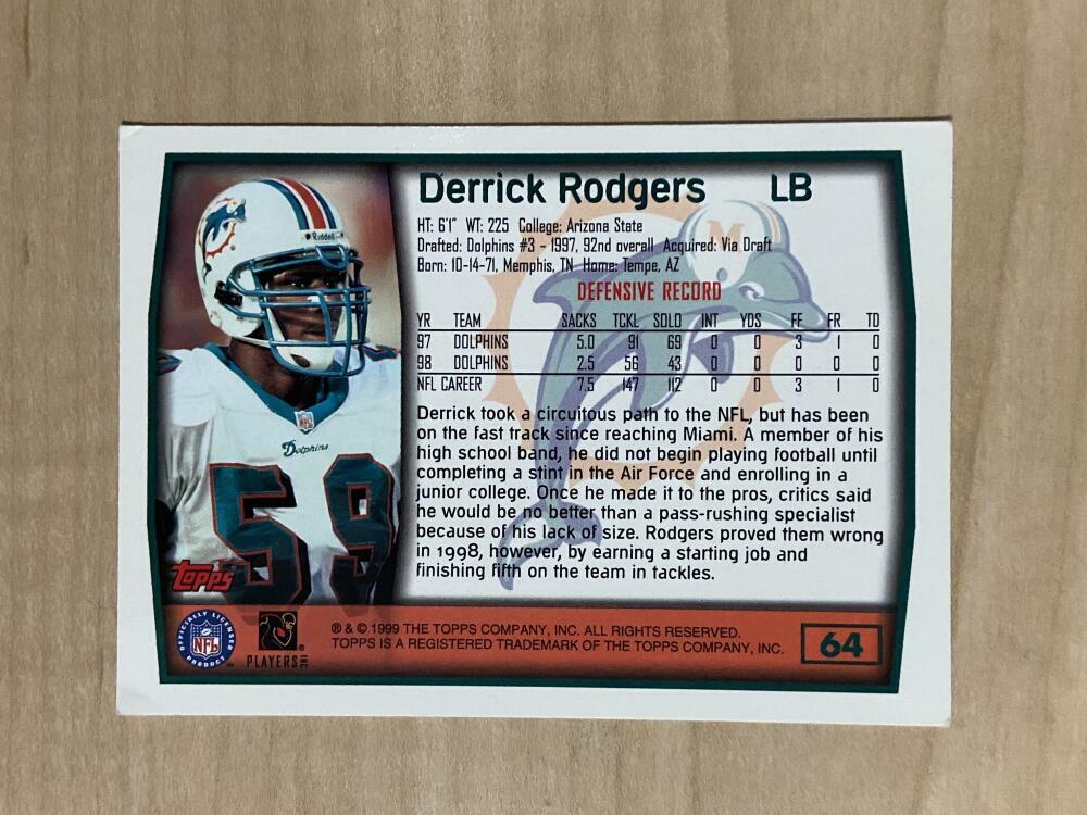 DERRICK RODGERS MIAMI DOLPHINS SIGNED AUTOGRAPHED 1999 TOPPS CARD #64 W/COA