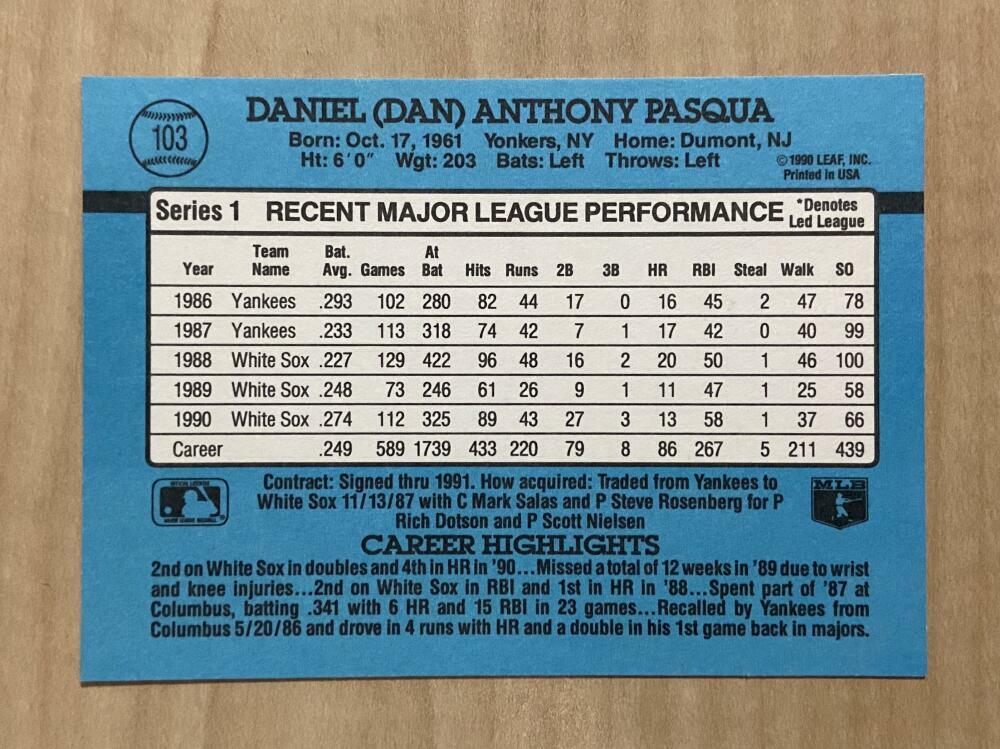 DAN PASQUA CHICAGO WHITE SOX SIGNED 1991 DONRUSS SERIES 1 CARD #103 W/COA