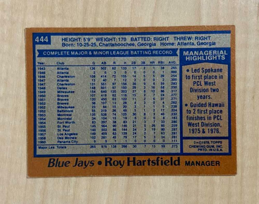 ROY HARTSFIELD TORONTO BLUE JAYS SIGNED VINTAGE 1961 TOPPS CARD #444 W/COA