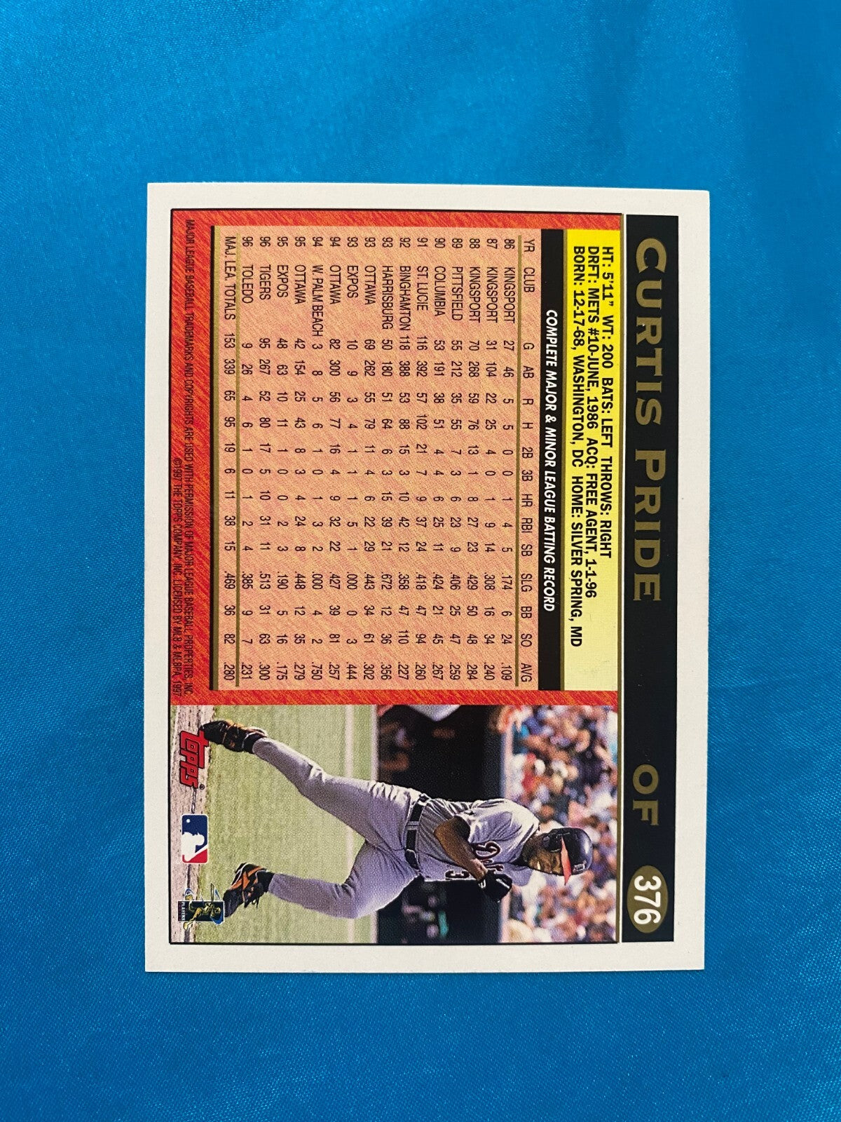 1996 TOPPS CURTIS PRIDE DETROIT TIGERS SIGNED AUTOGRAPHED AUTO CARD #376 W/COA