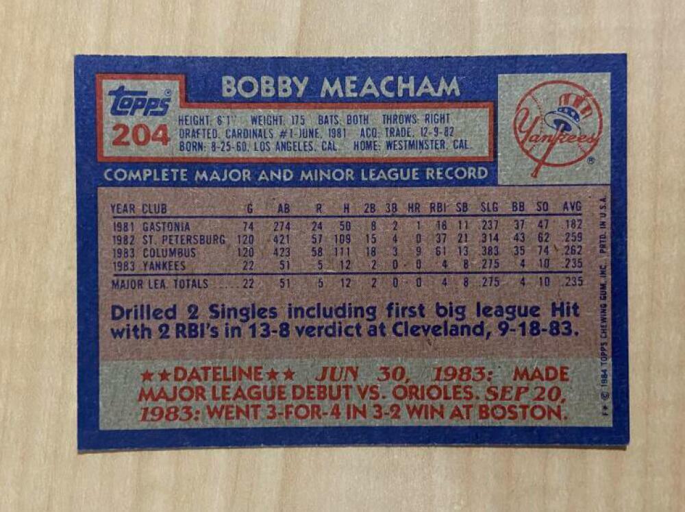 BOBBY MEACHAM NEW YORK YANKEES SIGNED AUTOGRAPHED 1984 TOPPS CARD #204 W/COA