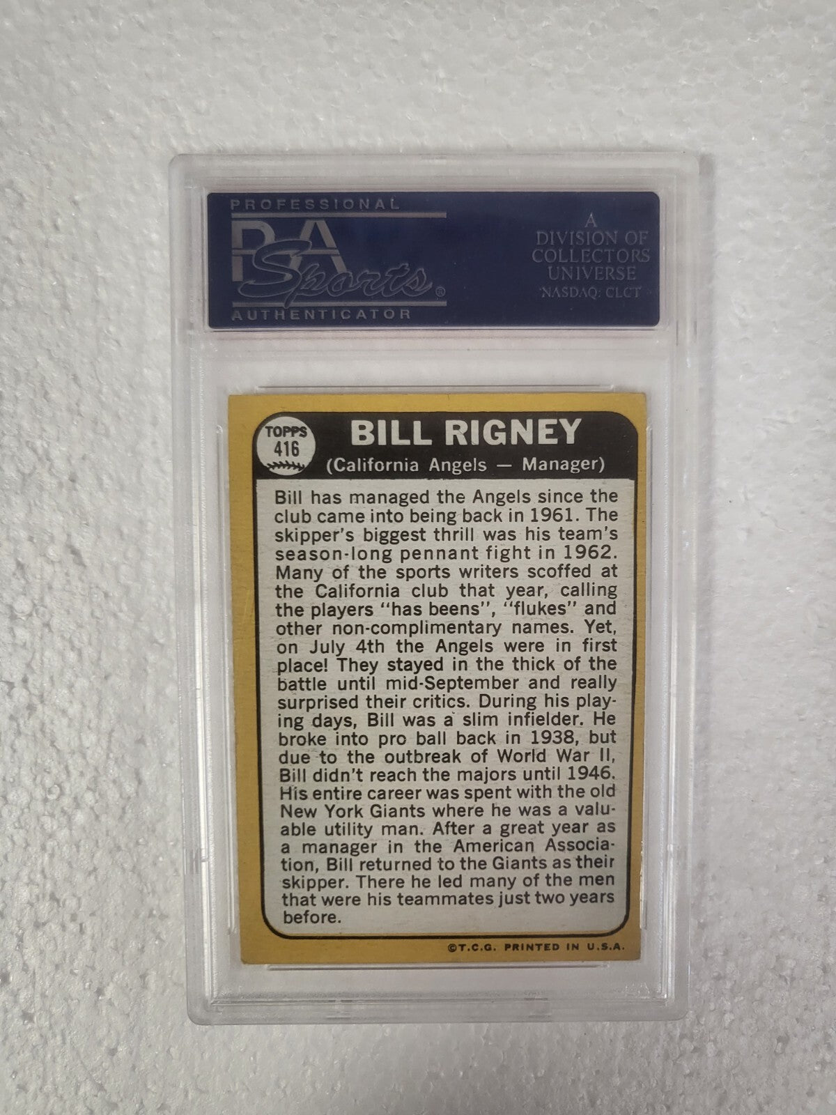 1968 TOPPS BILL RIGNEY CALIFORNIA ANGELS SIGNED AUTOGRAPHED #416 CARD PSA