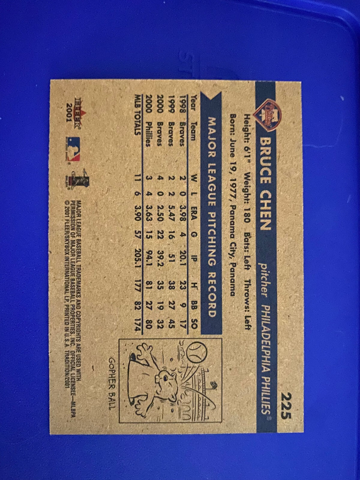 2001 FLEER TRADITION BRUCE CHEN PHILADELPHIA PHILLIES SIGNED AUTO CARD #225 COA