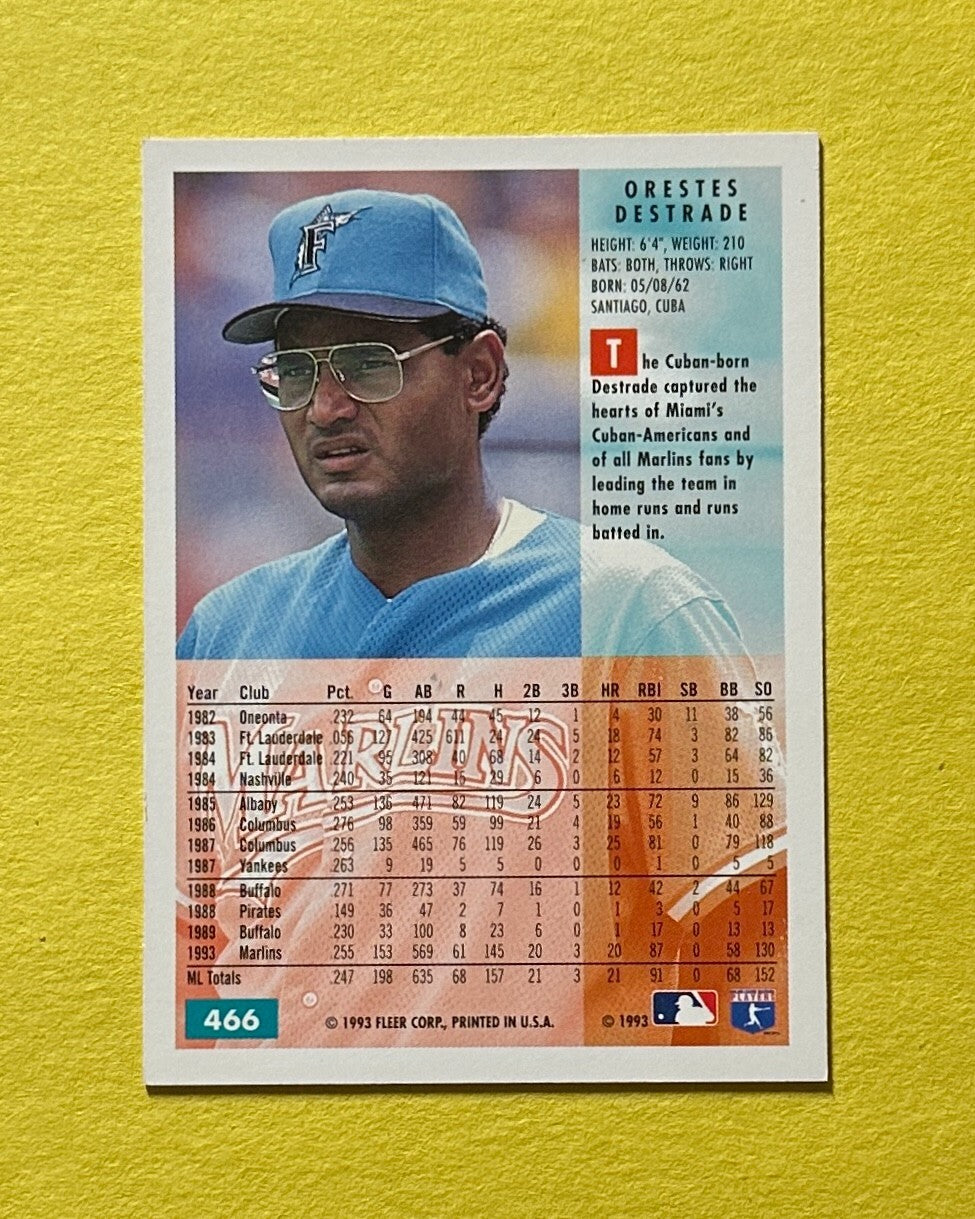 1994 FLEER ORESTES DESTRADE SIGNED AUTOGRAPH CARD W/ COA #466 MARLINS