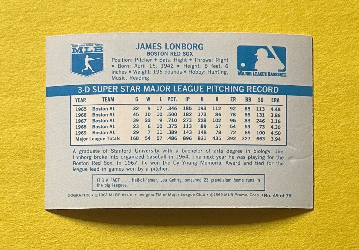 1970 KELLOGG'S 3-D JAMES LONBORG #49 RED SOX