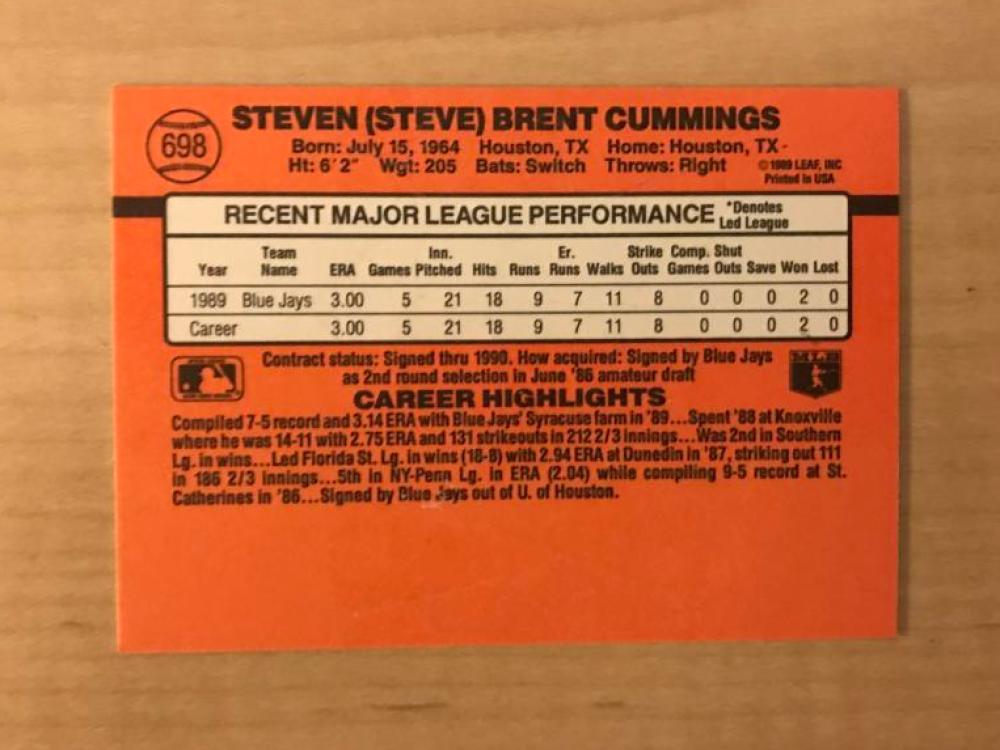 STEVE CUMMINGS TORONTO BLUE JAYS SIGNED AUTOGRPAHED 1990 DONRUSS CARD #698 W/COA