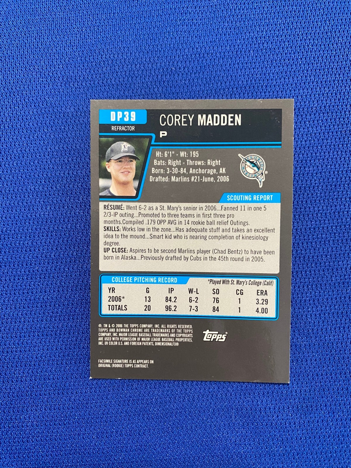 2006 BOWMAN CHROME DP COREY MADDEN FL MARLINS SIGNED AUTO RC REF #DP39 W/COA