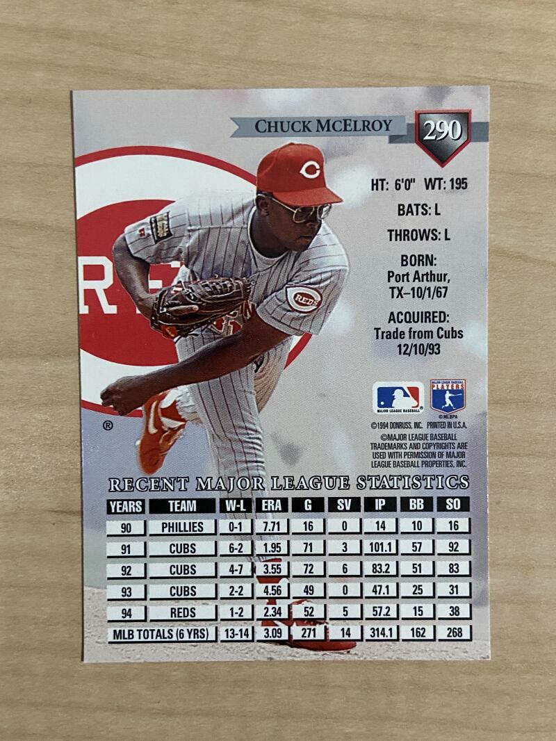 CHUCK MCELROY CINCINNATI REDS SIGNED AUTOGRAPHED 1995 DONRUSS CARD #290 W/COA
