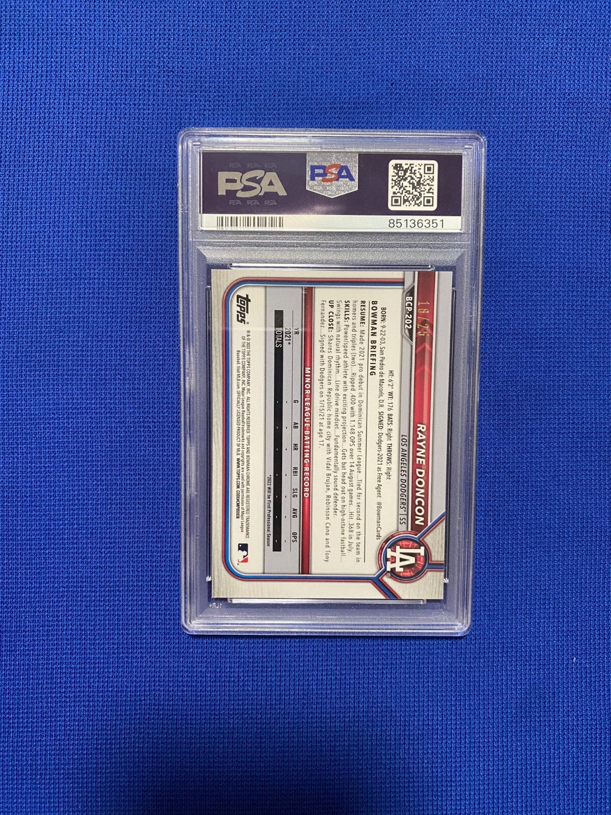 2022 BOWMAN CHROME M/B RAYNE DONCON DODGERS ORANGE REFRACTOR RC /25 PSA 8 NM-MT
