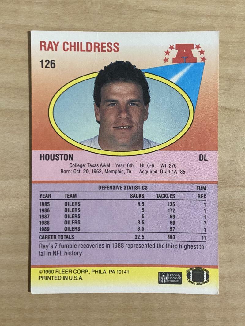 RAY CHILDRESS HOUSTON OILERS SIGNED AUTOGRAPHED 1990 FLEER CARD #126 W/COA