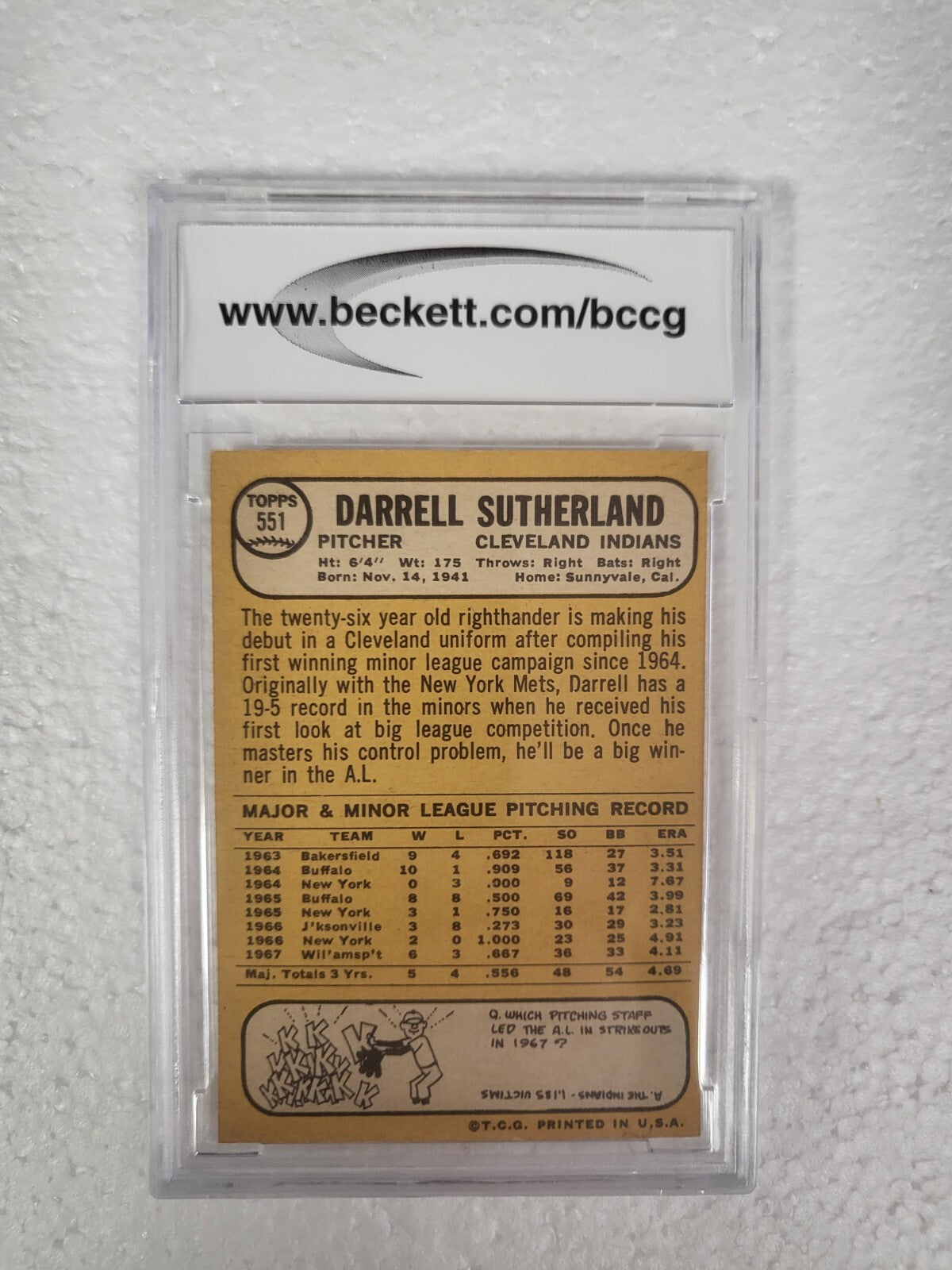 1968 TOPPS DARRELL SUTHERLAND INDIANS SIGNED AUTOGRAPHED AUTO #551 CARD JSA