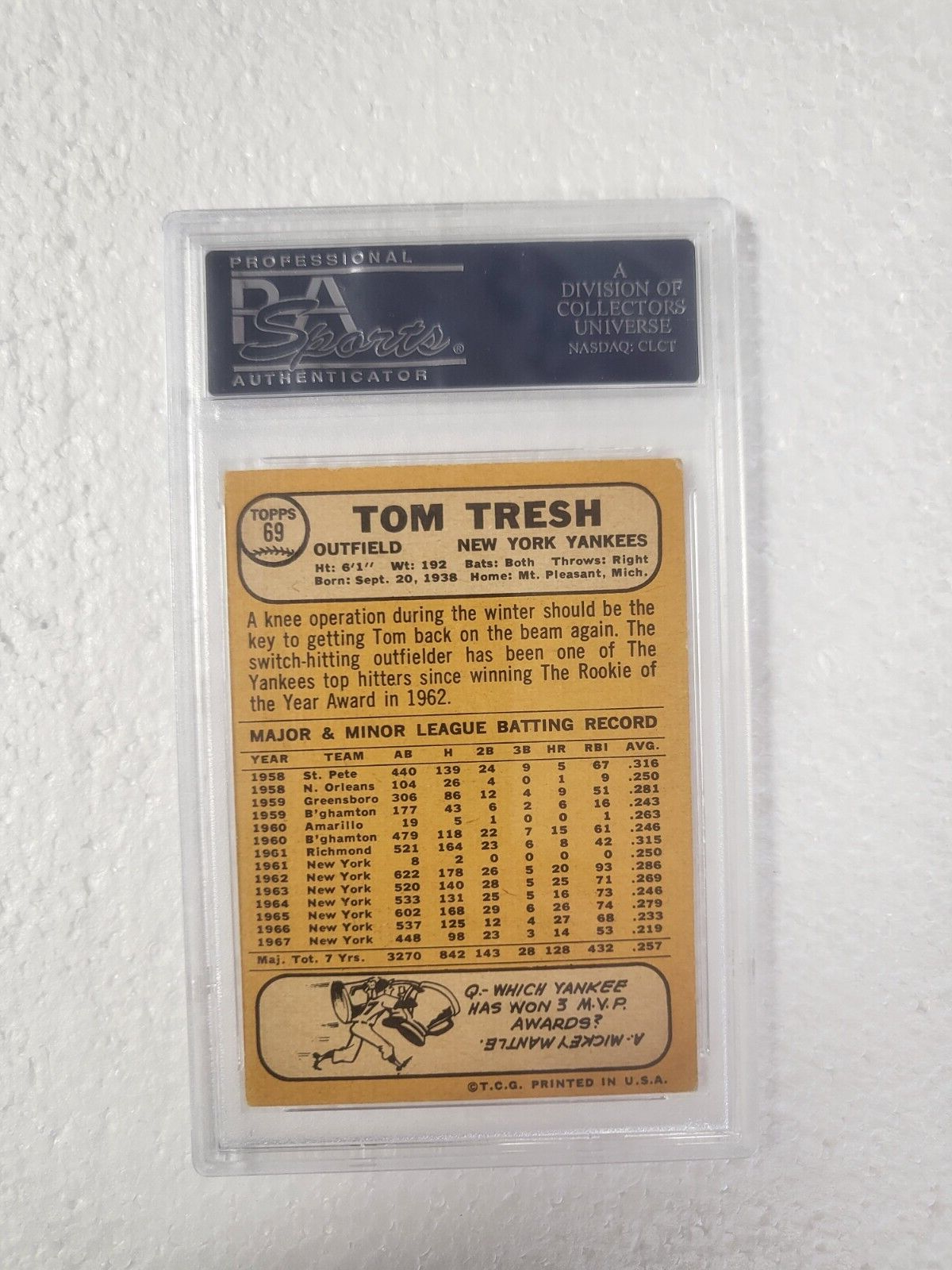 1968 TOPPS TOM TRESH NEW YORK YANKEES SIGNED AUTOGRAPHED #69 CARD PSA