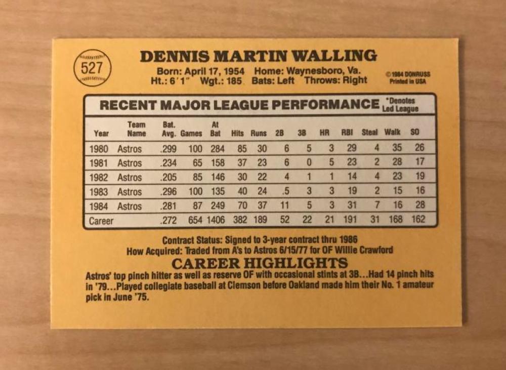 DENNY WALLING HOUSTON ASTROS SIGNED AUTOGRAPHED 1985 DONRUSS CARD #527 W/COA