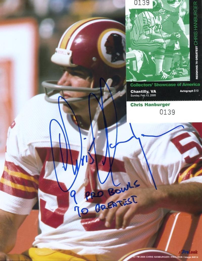 CHRIS HANBURGER WASHINGTON REDSKINS 9 PRO BOWLS 70 GREATEST SIGNED 8X10 PHOTO W/
