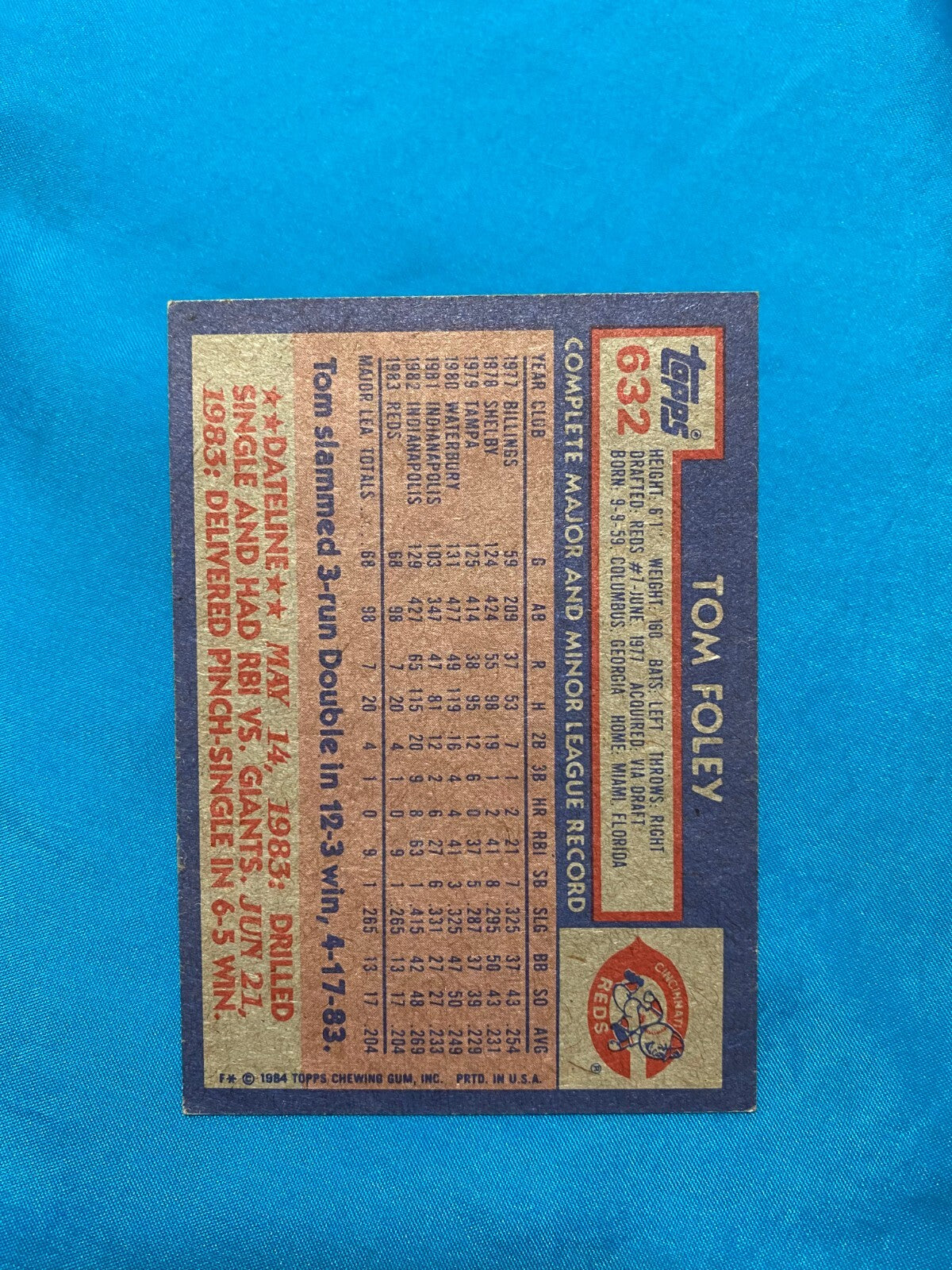 1984 TOPPS TOM FOLEY CINCINNATI REDS AUTOGRAPHED SIGNED CARD #632 W/COA