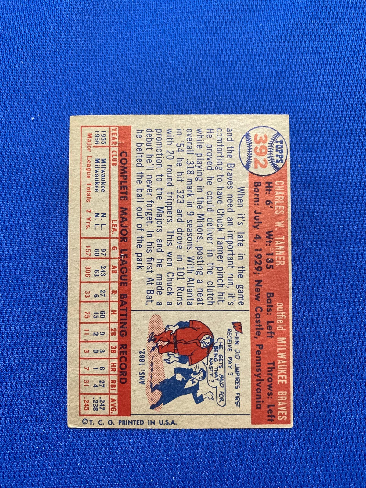 1957 TOPPS CHUCK TANNER MILWAUKEE BRAVES #392 CARD VINTAGE SET-BREAK