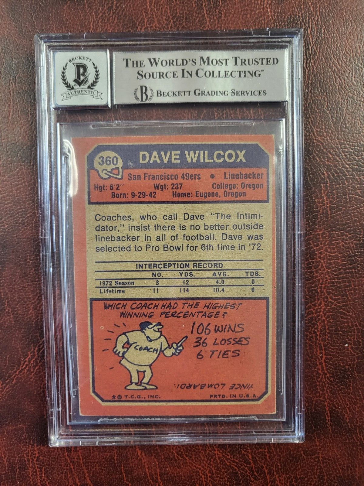 1973 TOPPS DAVE WILCOX 49ERS SIGNED AUTOGRAPH #360 CARD BECKETT 10 AUTO